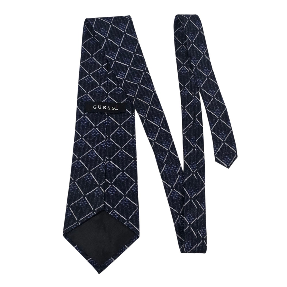 Guess Mens Necktie One Size Navy Blue Argyle Silk USA Classic Preppy Bachelor‎